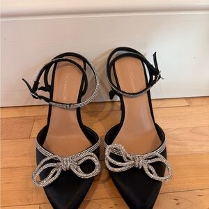 BCBGeneration Black Rhinestone Bow Ankle-Strap Pointed Heels